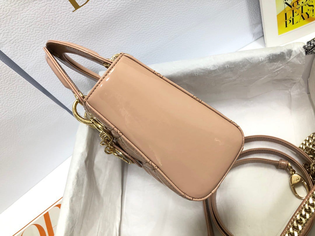 Dior Lady Dior Mini Chain Bag with Chain in Nude Patent Calfskin