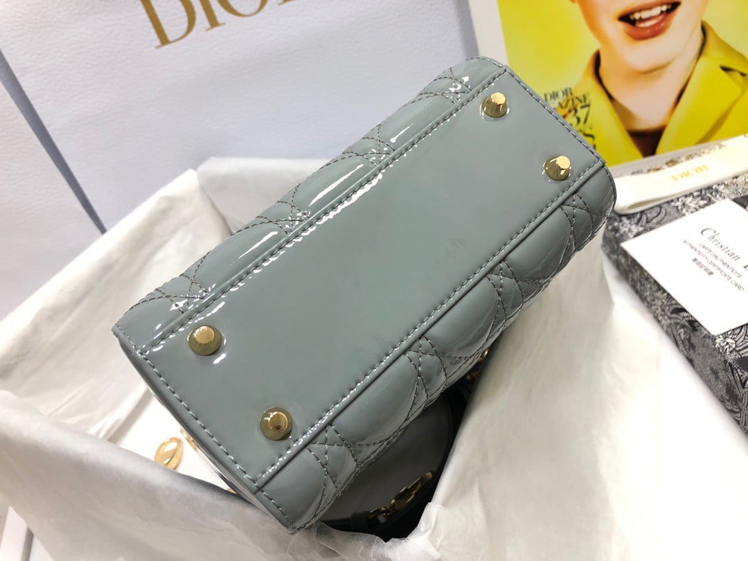 Dior Lady Dior Mini Chain Bag with Chain in Grey Patent Calfskin