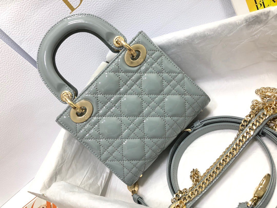 Dior Lady Dior Mini Chain Bag with Chain in Grey Patent Calfskin