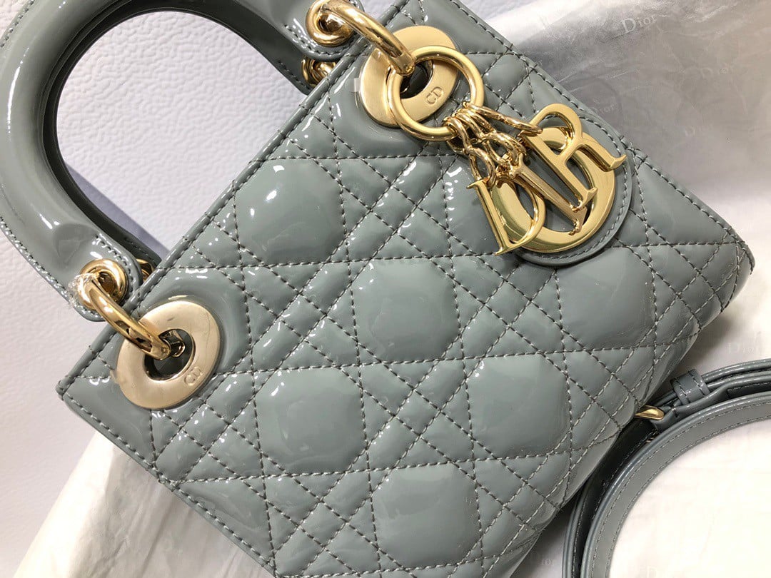 Dior Lady Dior Mini Chain Bag with Chain in Grey Patent Calfskin