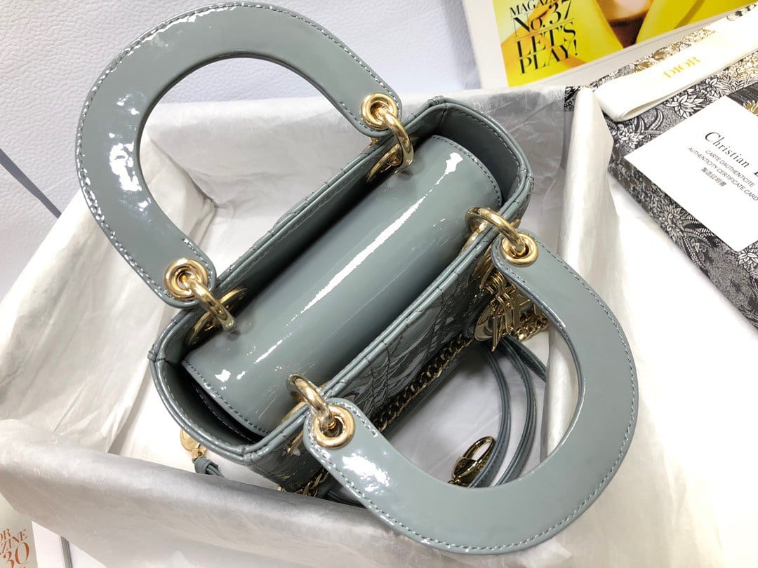 Dior Lady Dior Mini Chain Bag with Chain in Grey Patent Calfskin