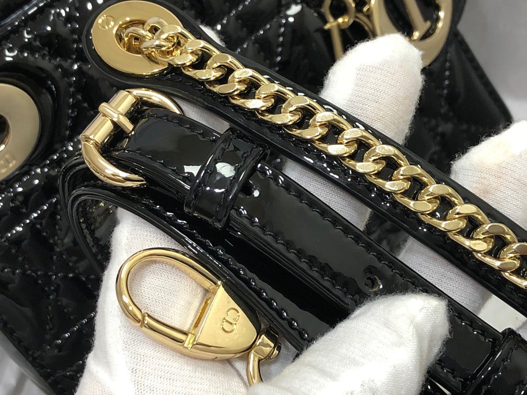 Dior Lady Dior Mini Chain Bag with Chain in Black Patent Calfskin