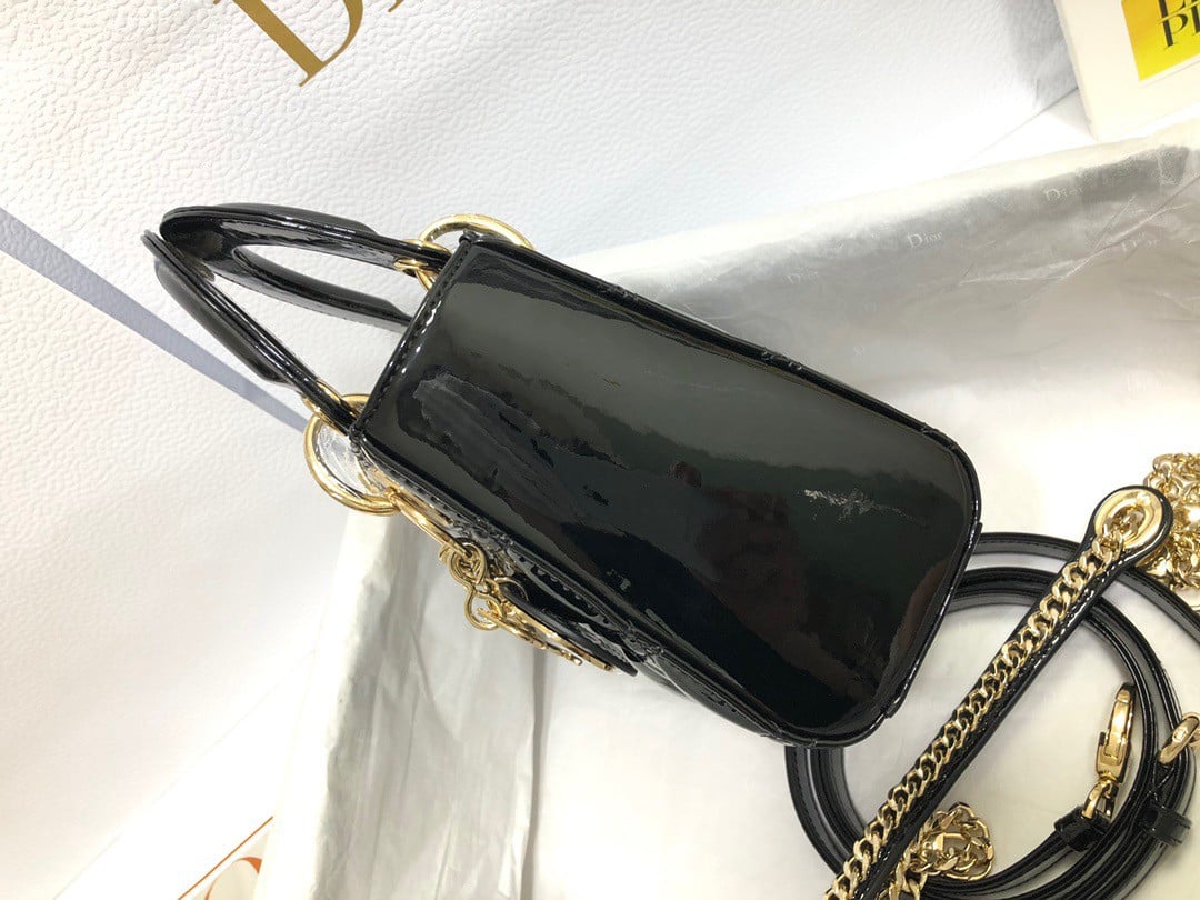 Dior Lady Dior Mini Chain Bag with Chain in Black Patent Calfskin