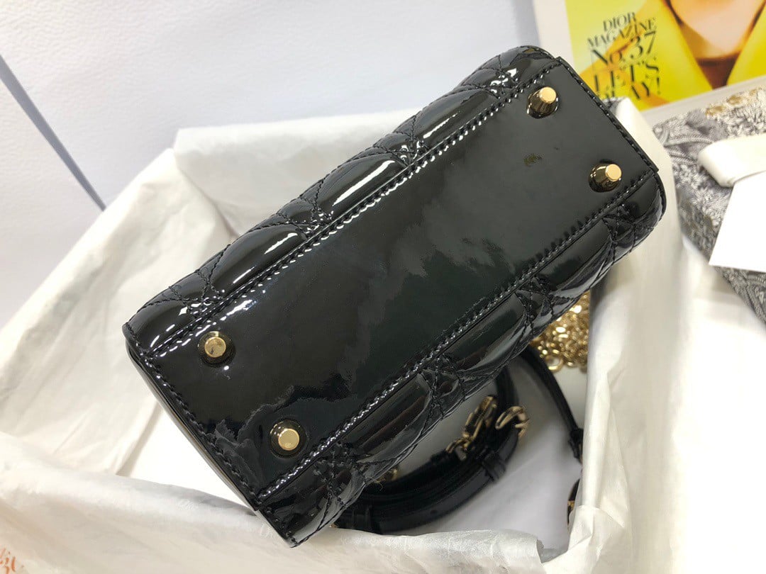 Dior Lady Dior Mini Chain Bag with Chain in Black Patent Calfskin