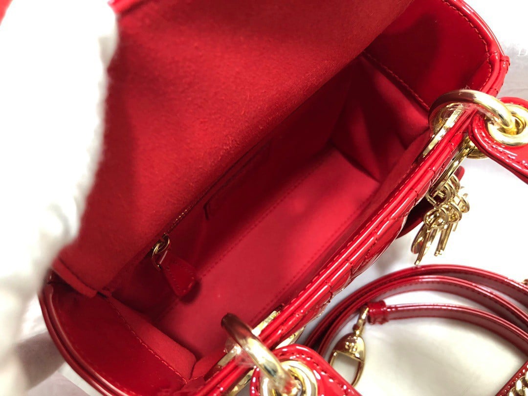 Dior Lady Dior Mini Chain Bag with Chain in Red Patent Calfskin