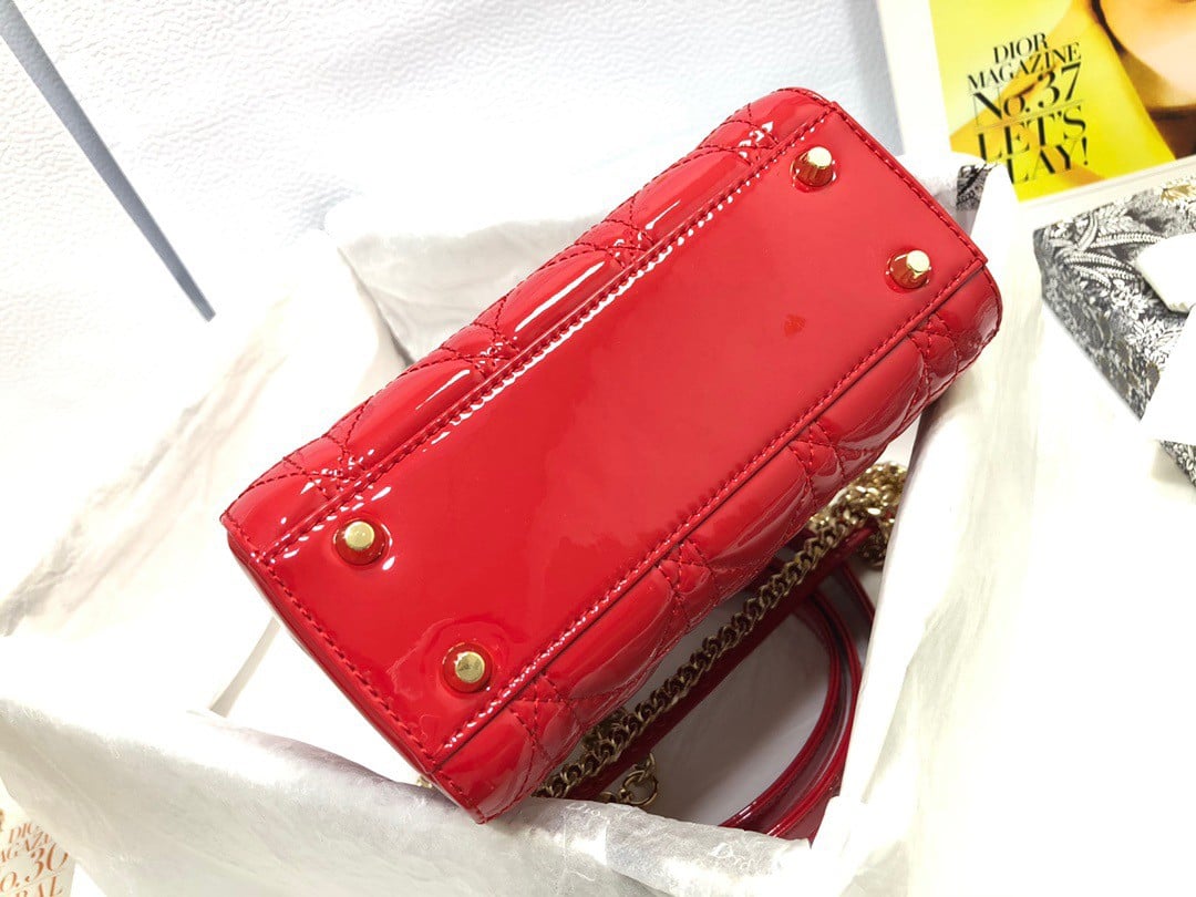 Dior Lady Dior Mini Chain Bag with Chain in Red Patent Calfskin