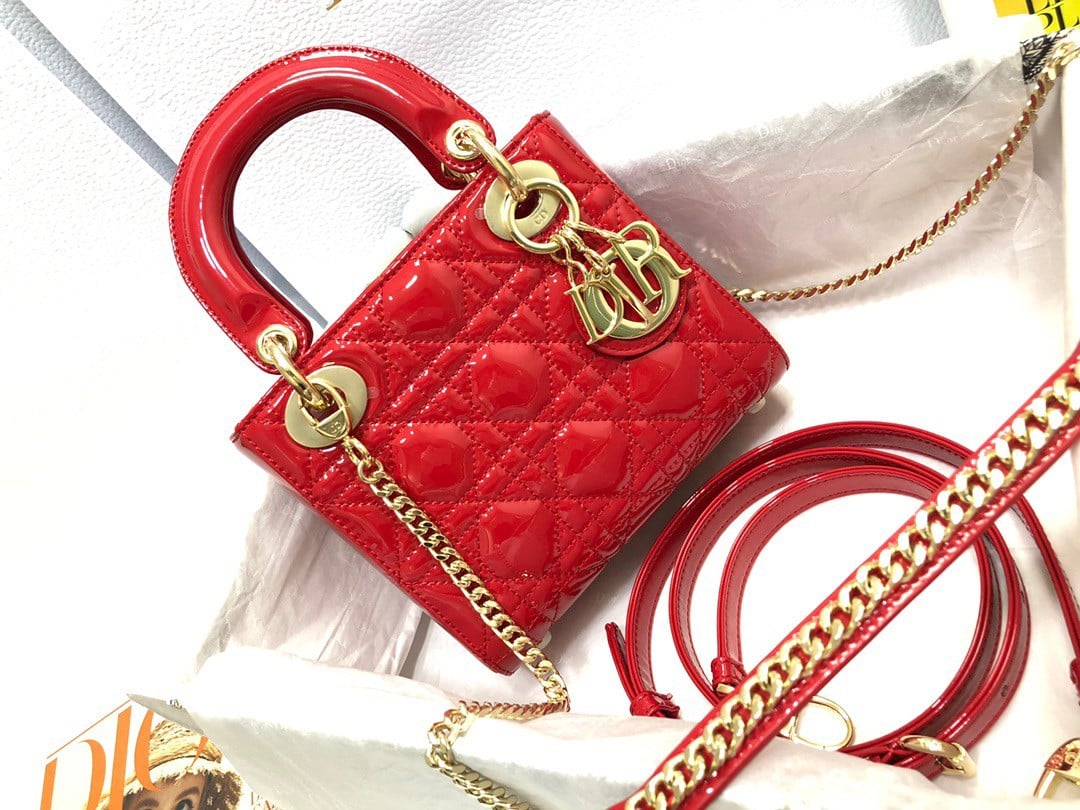 Dior Lady Dior Mini Chain Bag with Chain in Red Patent Calfskin