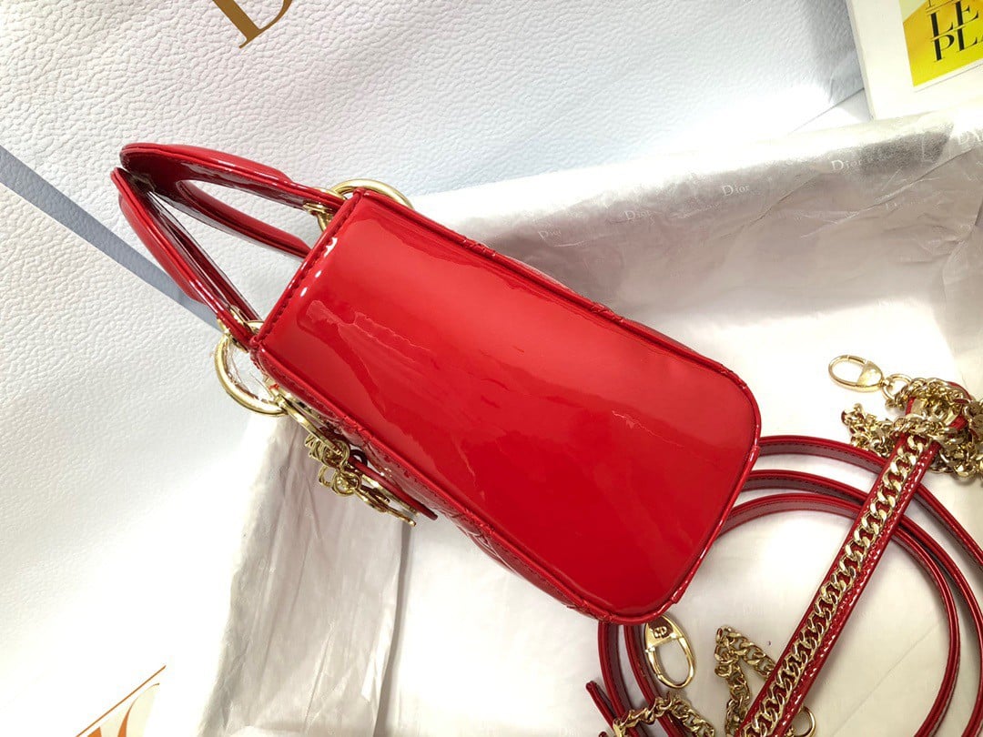 Dior Lady Dior Mini Chain Bag with Chain in Red Patent Calfskin