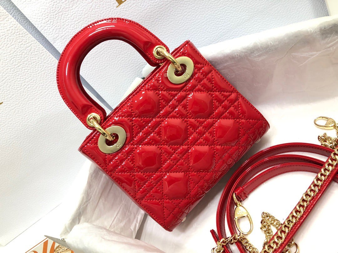 Dior Lady Dior Mini Chain Bag with Chain in Red Patent Calfskin