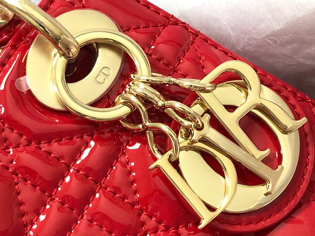 Dior Lady Dior Mini Chain Bag with Chain in Red Patent Calfskin