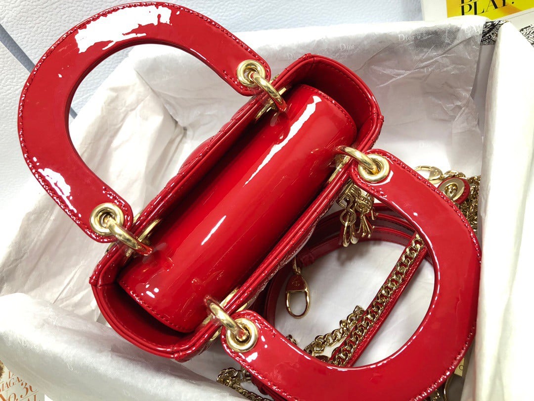 Dior Lady Dior Mini Chain Bag with Chain in Red Patent Calfskin