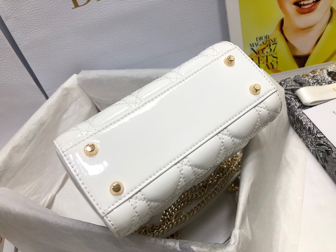 Dior Lady Dior Mini Chain Bag with Chain in White Patent Calfskin