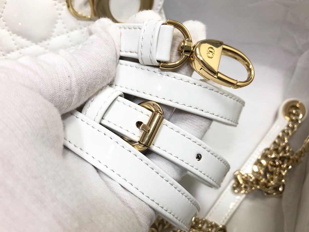 Dior Lady Dior Mini Chain Bag with Chain in White Patent Calfskin