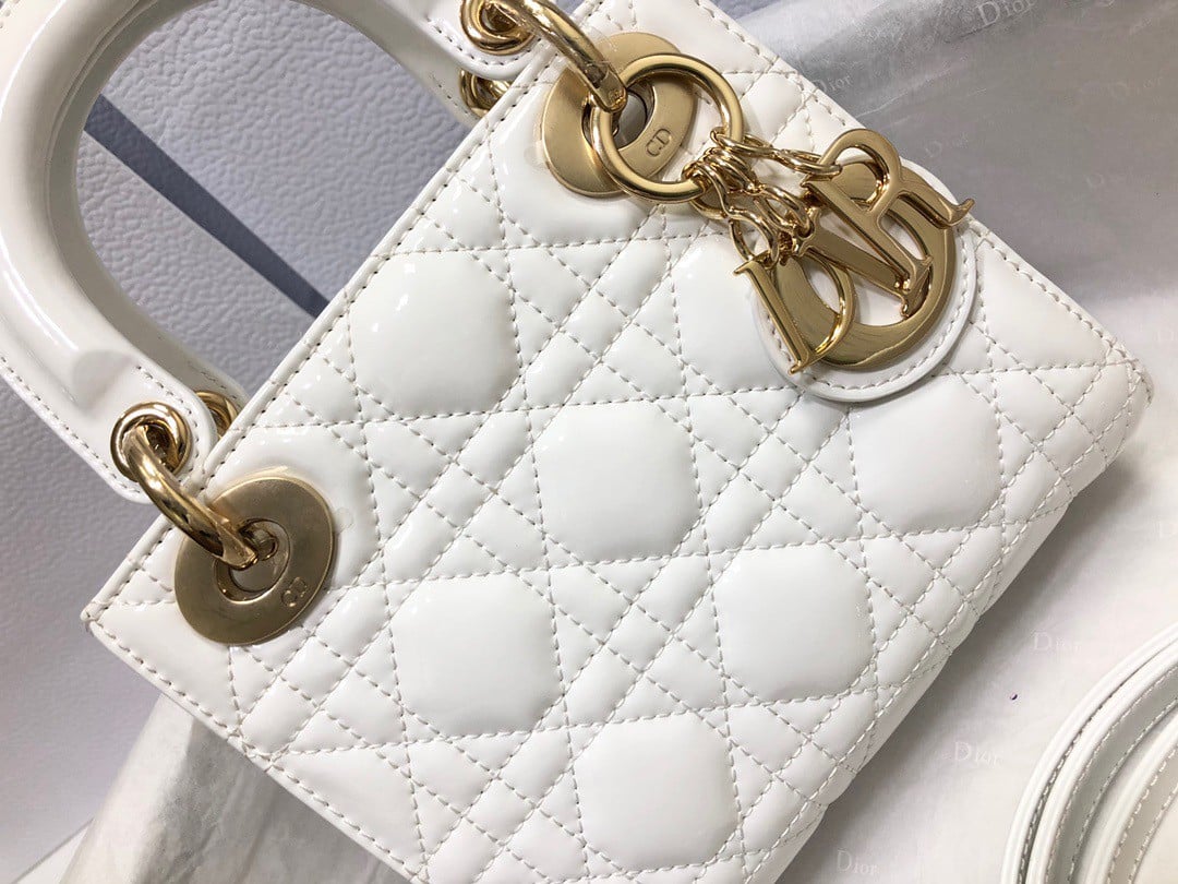 Dior Lady Dior Mini Chain Bag with Chain in White Patent Calfskin