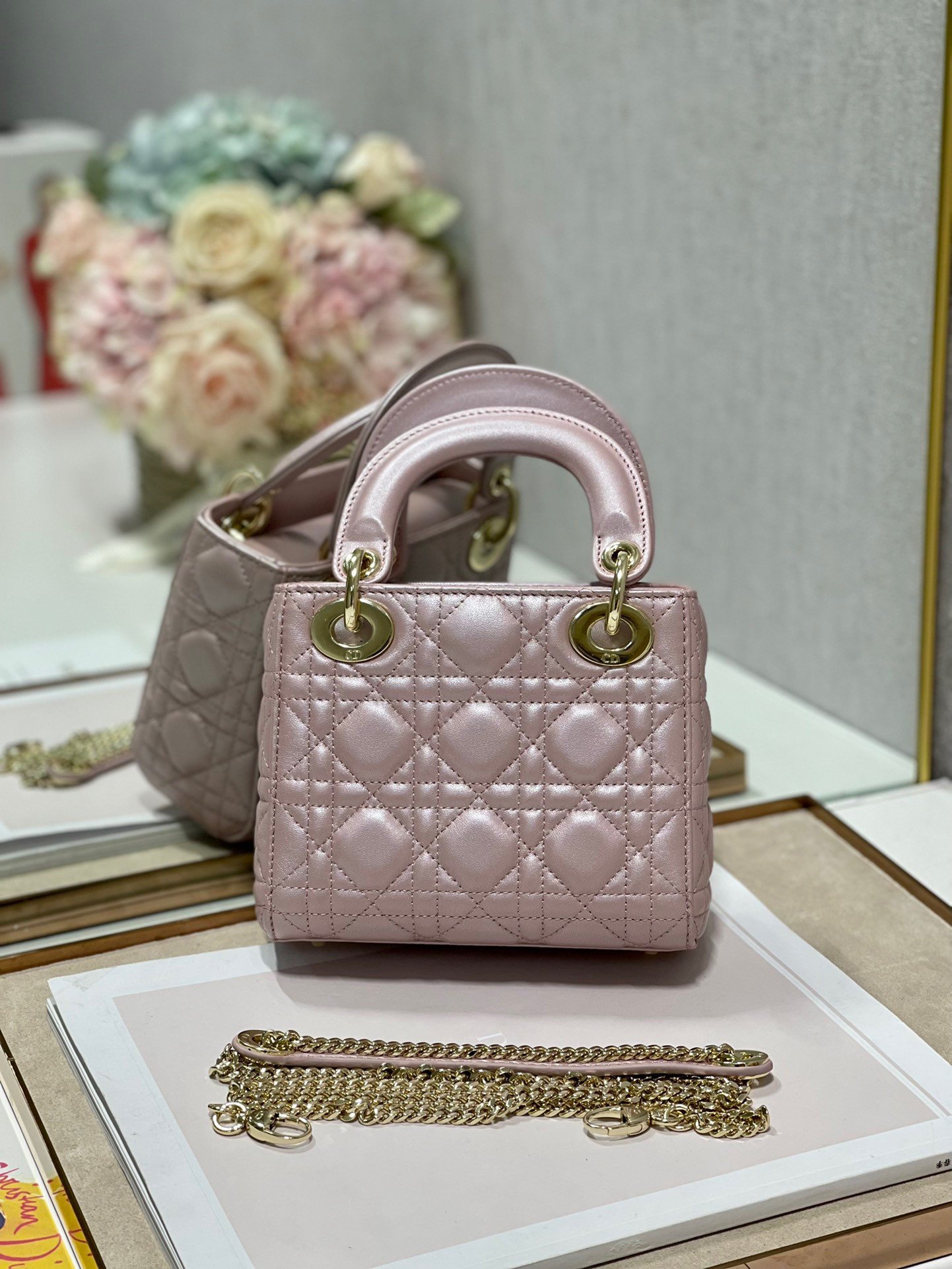 Dior Lady Dior Mini Chain Bag with Chain in Lotus Pearlescent Lambskin