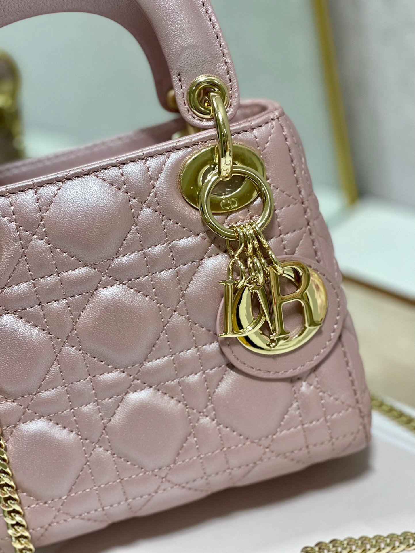 Dior Lady Dior Mini Chain Bag with Chain in Lotus Pearlescent Lambskin