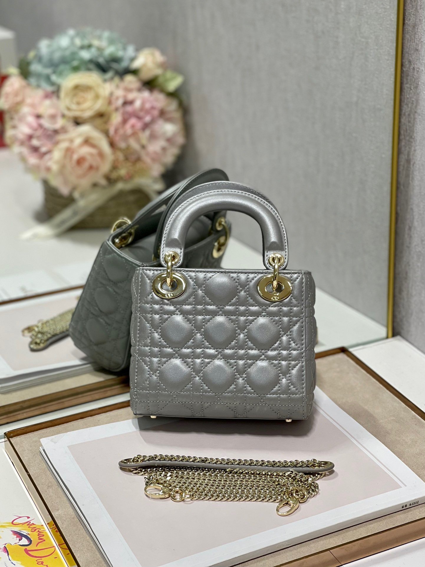 Dior Lady Dior Mini Chain Bag with Chain in Grey Pearlescent Lambskin