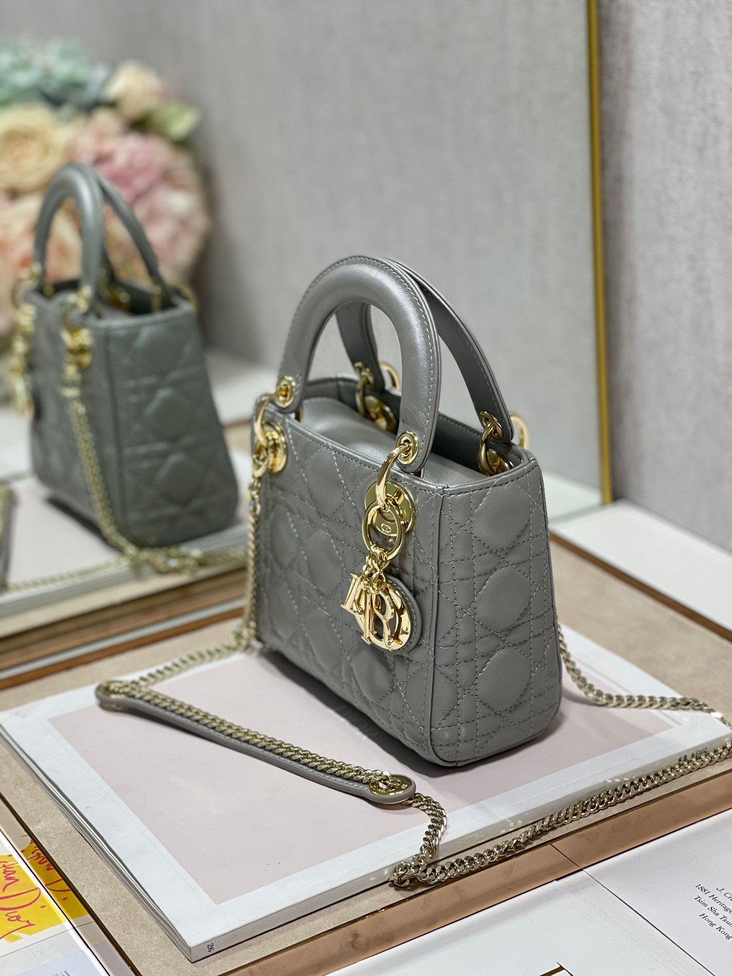 Dior Lady Dior Mini Chain Bag with Chain in Grey Pearlescent Lambskin