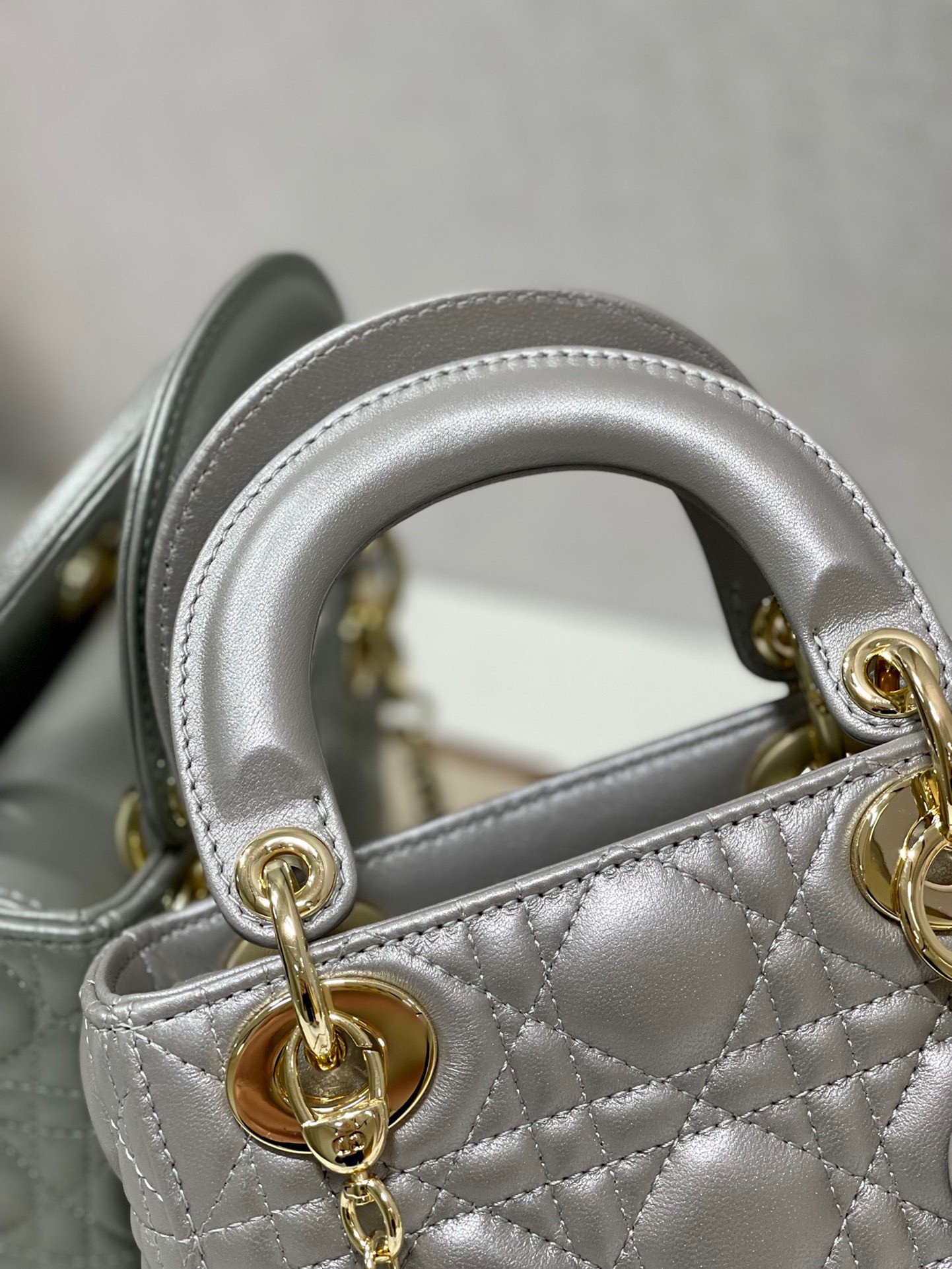 Dior Lady Dior Mini Chain Bag with Chain in Grey Pearlescent Lambskin