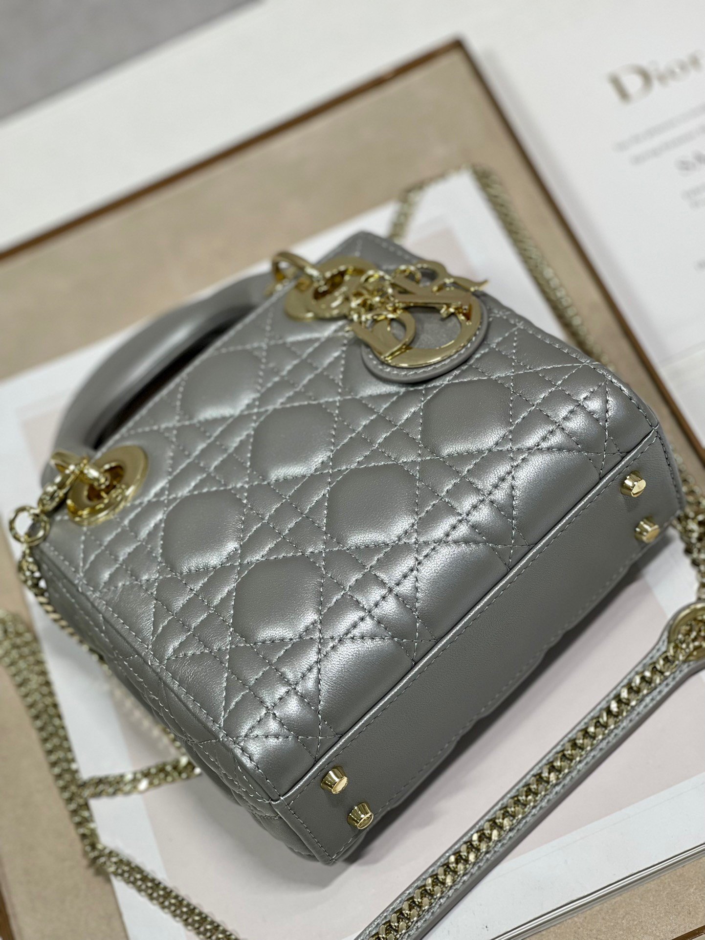 Dior Lady Dior Mini Chain Bag with Chain in Grey Pearlescent Lambskin