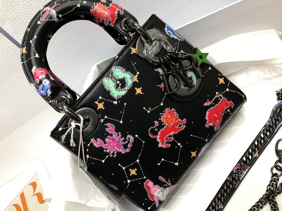 Dior Lady Dior Mini Bag in Black Calfskin with Pixel Zodiac Print