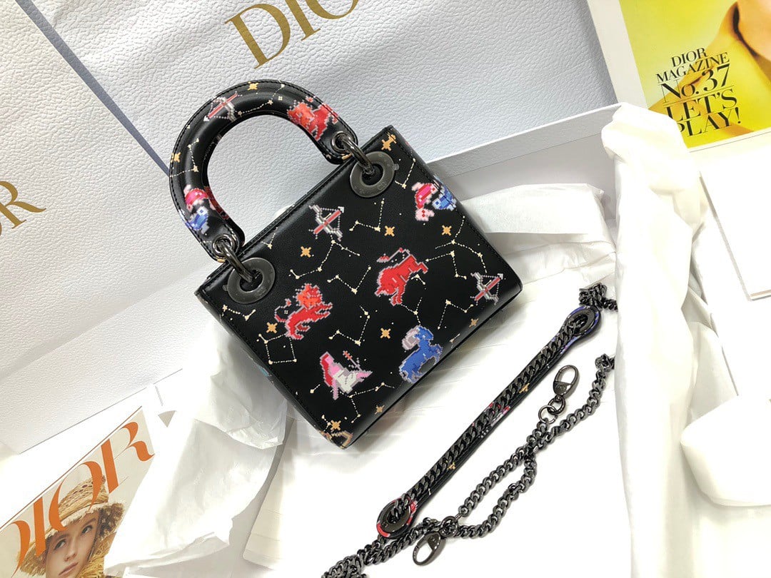 Dior Lady Dior Mini Bag in Black Calfskin with Pixel Zodiac Print