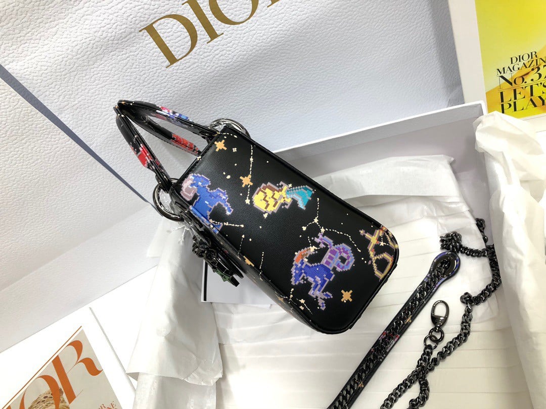 Dior Lady Dior Mini Bag in Black Calfskin with Pixel Zodiac Print