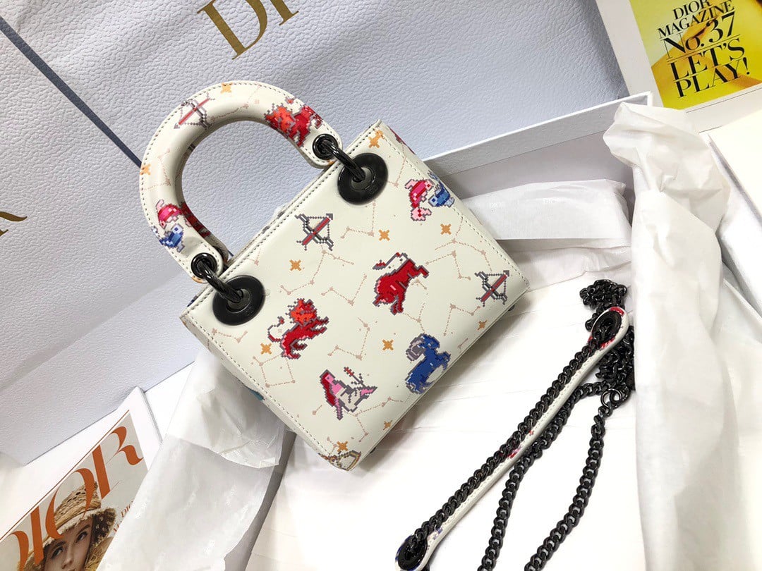 Dior Lady Dior Mini Bag in White Calfskin with Pixel Zodiac Print