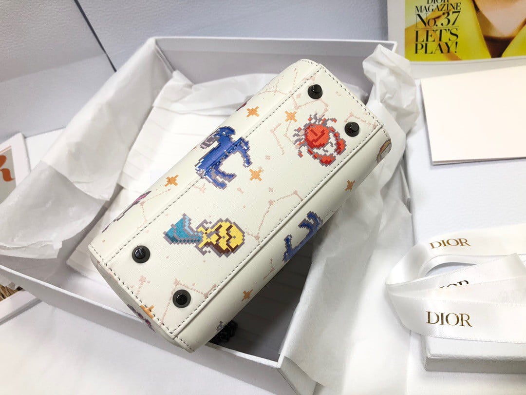 Dior Lady Dior Mini Bag in White Calfskin with Pixel Zodiac Print