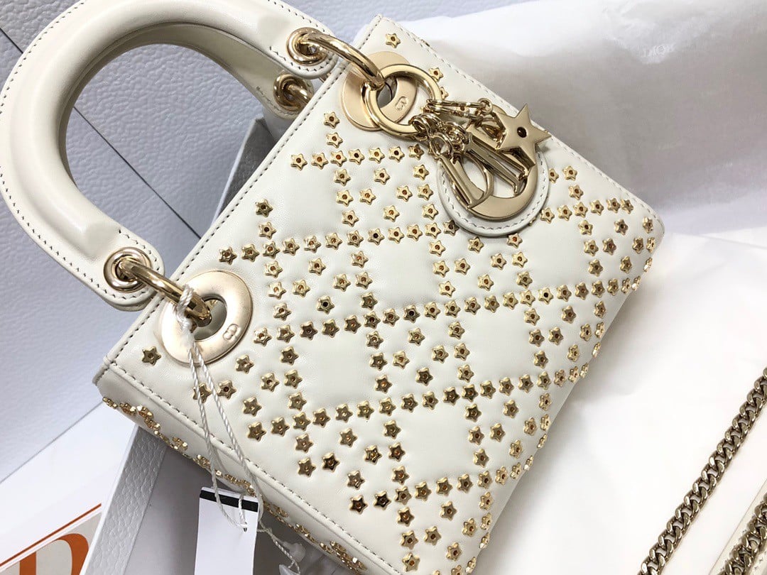 Dior Lady Dior Mini Chain Bag in White Lambskin with Star Embroidery