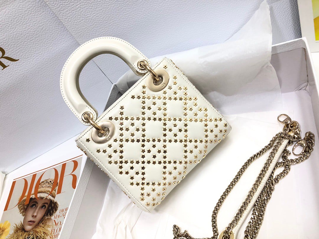 Dior Lady Dior Mini Chain Bag in White Lambskin with Star Embroidery