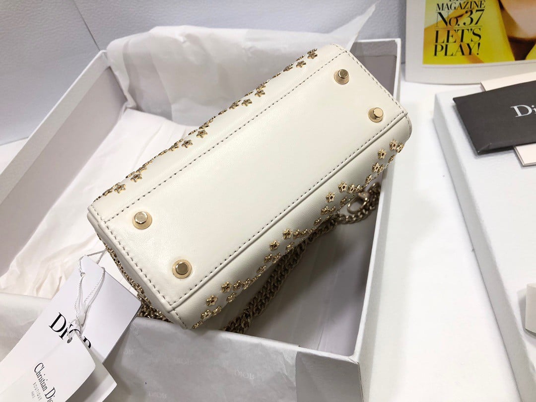 Dior Lady Dior Mini Chain Bag in White Lambskin with Star Embroidery