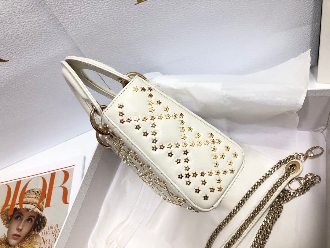 Dior Lady Dior Mini Chain Bag in White Lambskin with Star Embroidery