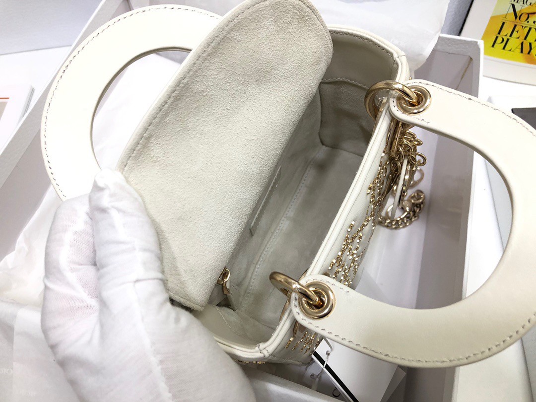 Dior Lady Dior Mini Chain Bag in White Lambskin with Star Embroidery