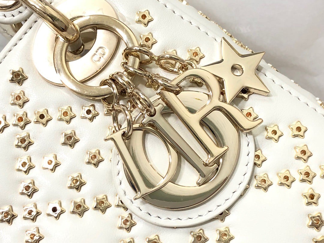 Dior Lady Dior Mini Chain Bag in White Lambskin with Star Embroidery