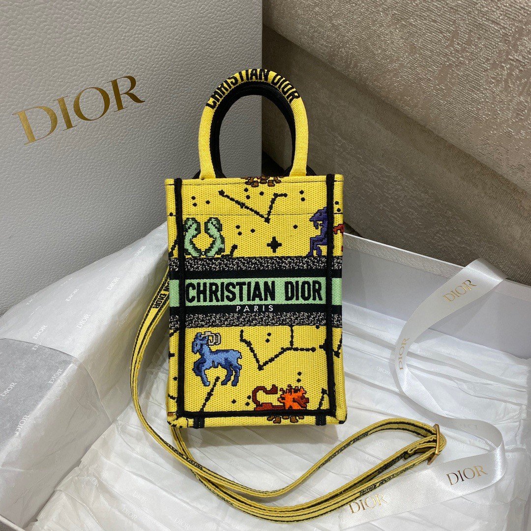 Dior Mini Book Tote Phone Bag In Yellow Pixel Zodiac Embroidery