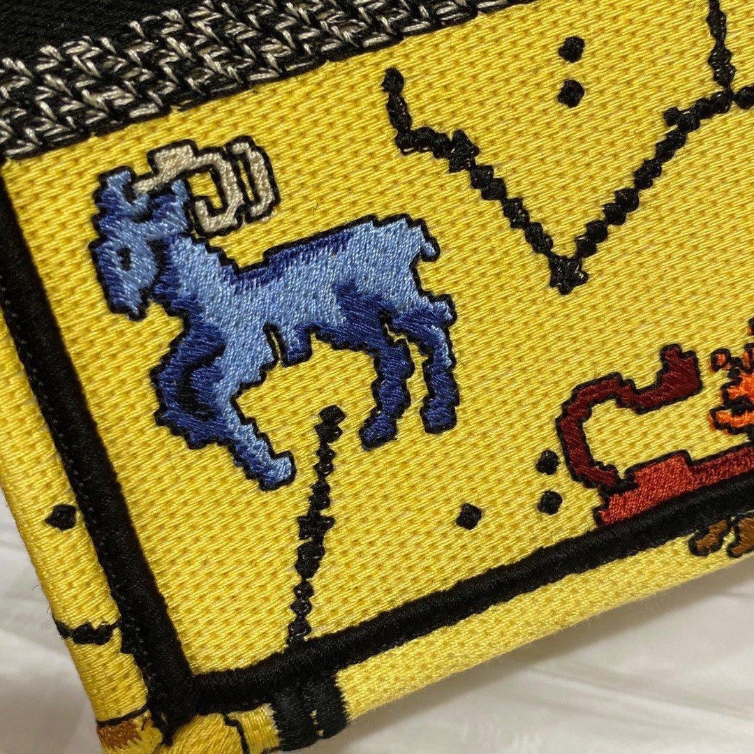 Dior Mini Book Tote Phone Bag In Yellow Pixel Zodiac Embroidery