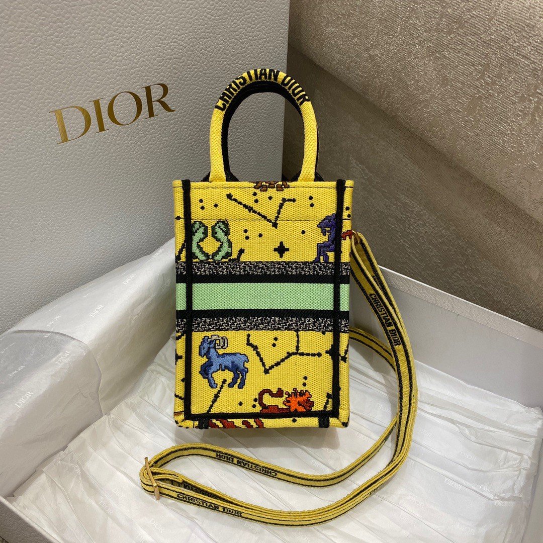 Dior Mini Book Tote Phone Bag In Yellow Pixel Zodiac Embroidery