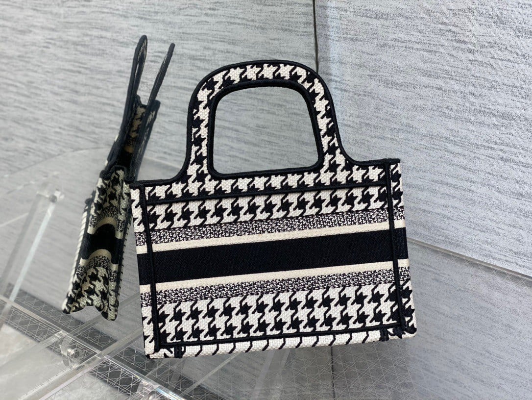 Dior Mini Book Tote Bag In Micro Houndstooth Embroidery