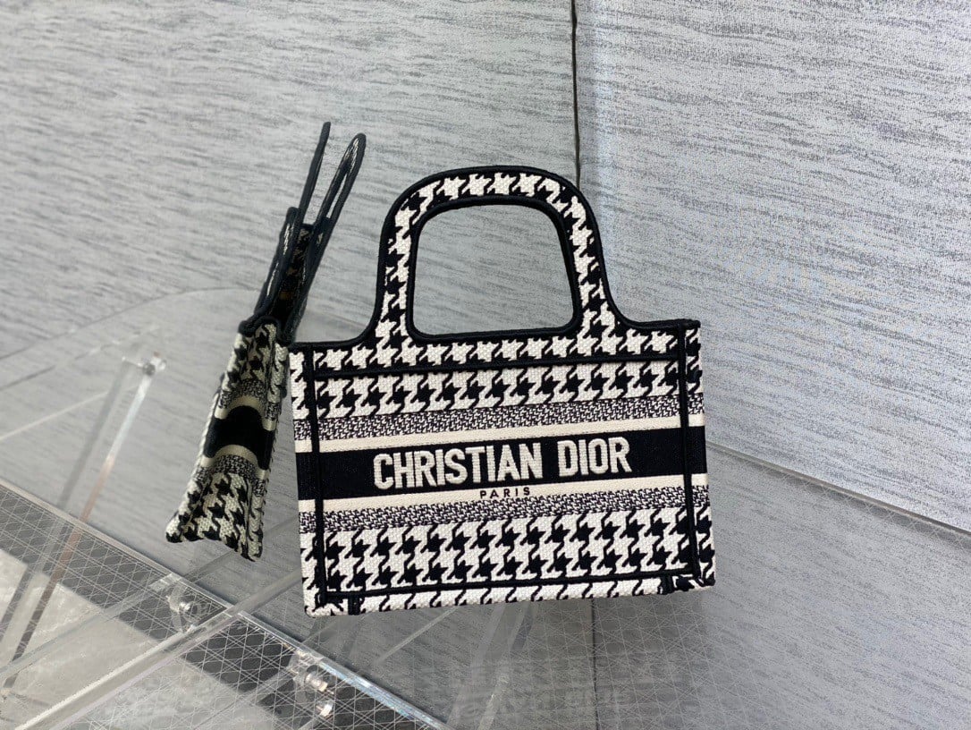 Dior Mini Book Tote Bag In Micro Houndstooth Embroidery