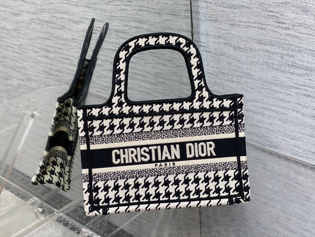 Dior Mini Book Tote Bag In Micro Houndstooth Embroidery