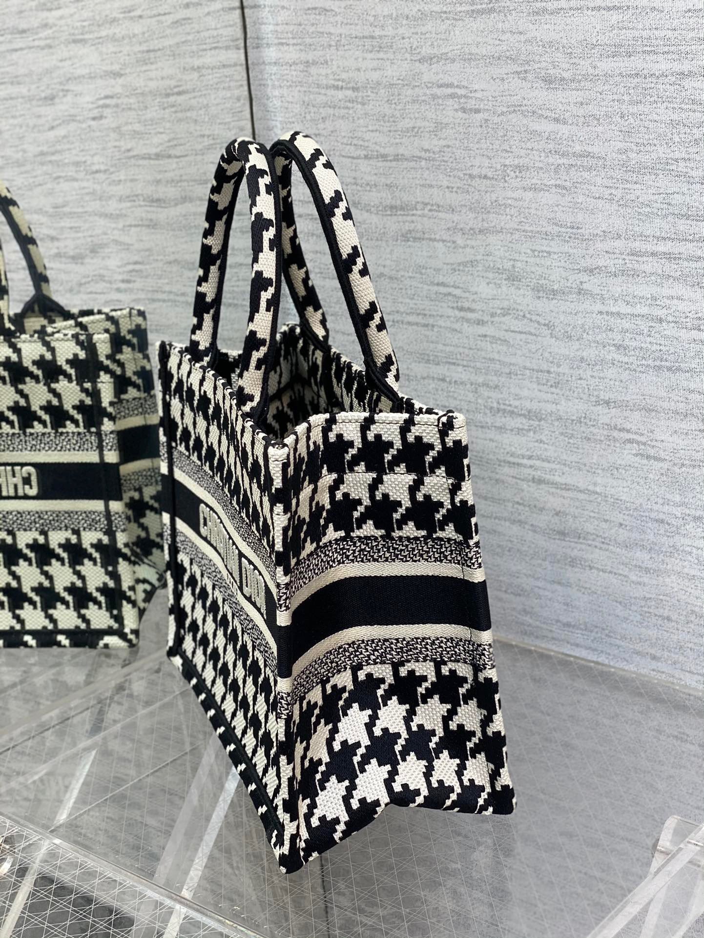 Dior Small Book Tote Bag In Micro Houndstooth Embroidery