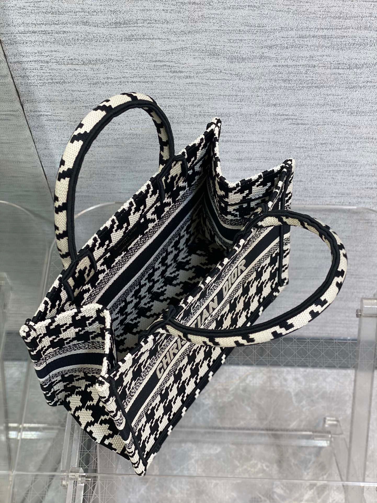 Dior Small Book Tote Bag In Micro Houndstooth Embroidery