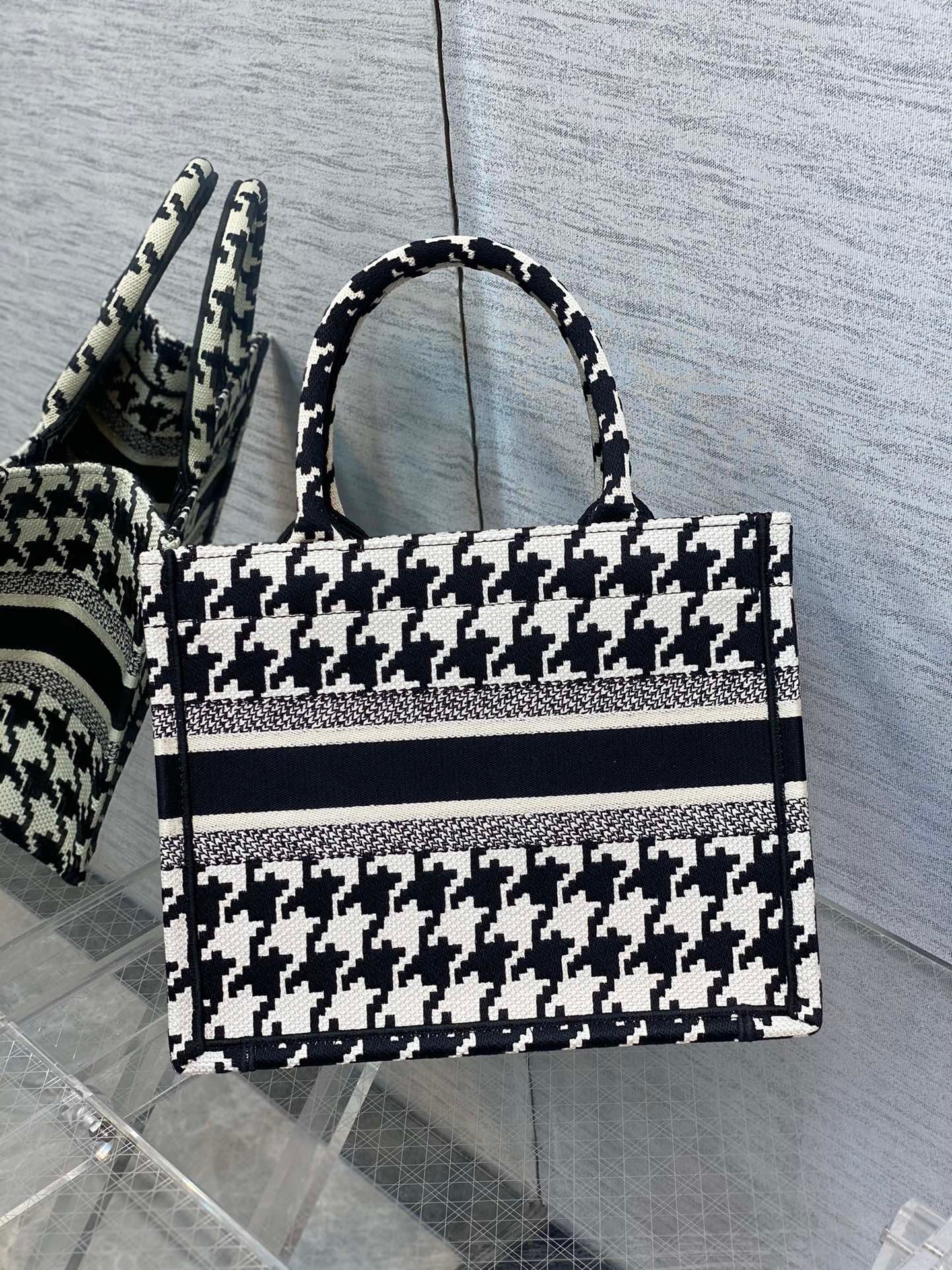 Dior Small Book Tote Bag In Micro Houndstooth Embroidery