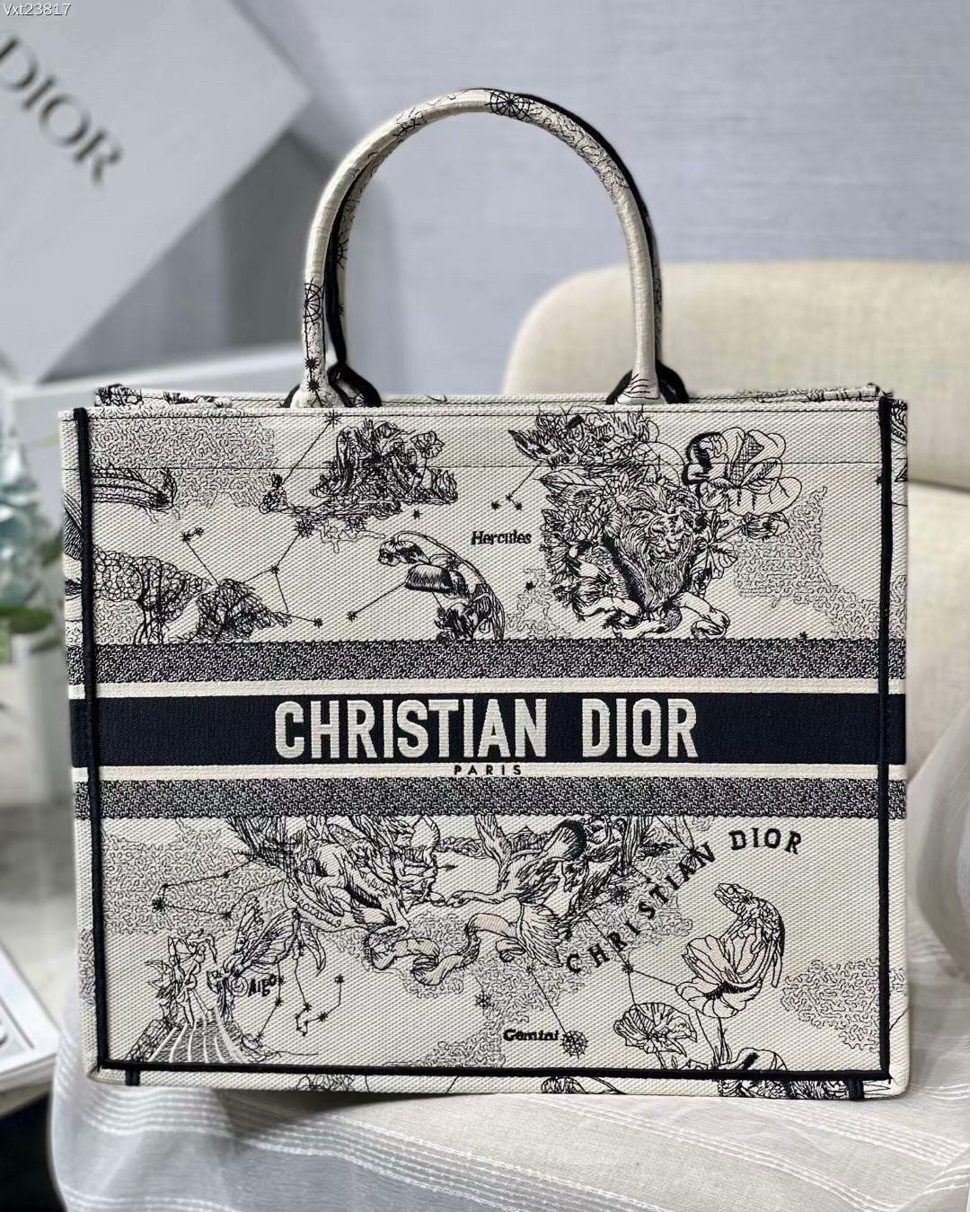 Dior Large Book Tote Bag In White Toile de Jouy Zodiac Embroidery