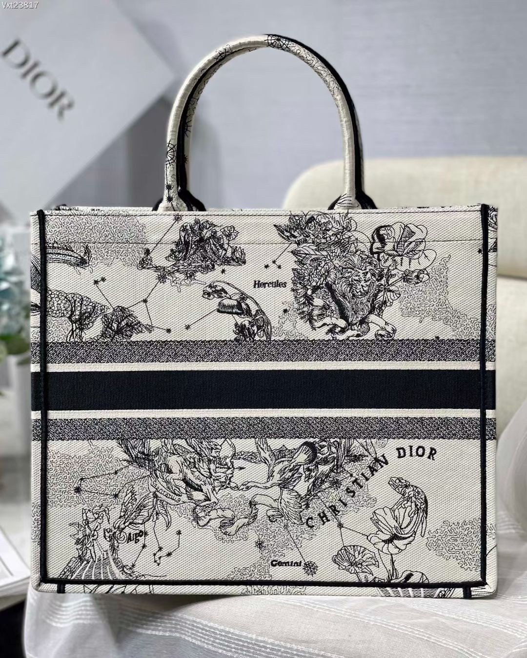 Dior Large Book Tote Bag In White Toile de Jouy Zodiac Embroidery