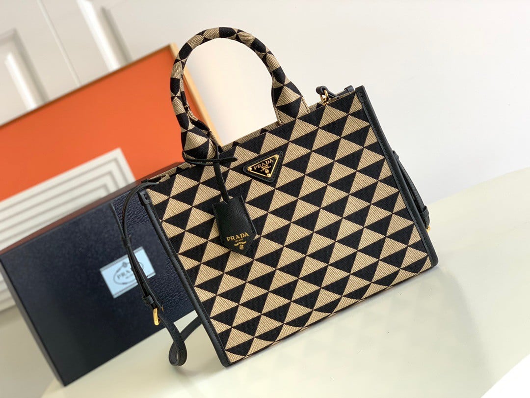 Prada Symbole Small Bag In Black/Beige Jjacquard Fabric