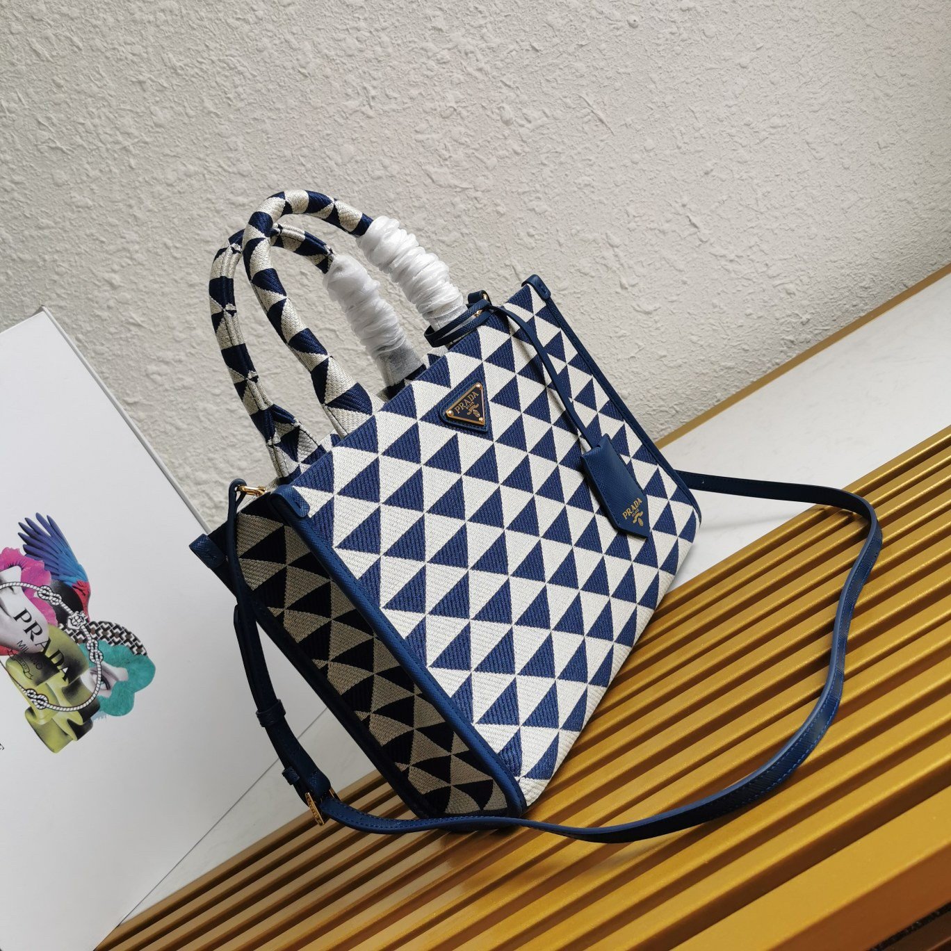 Prada Symbole Small Bag In White/Blue Jjacquard Fabric