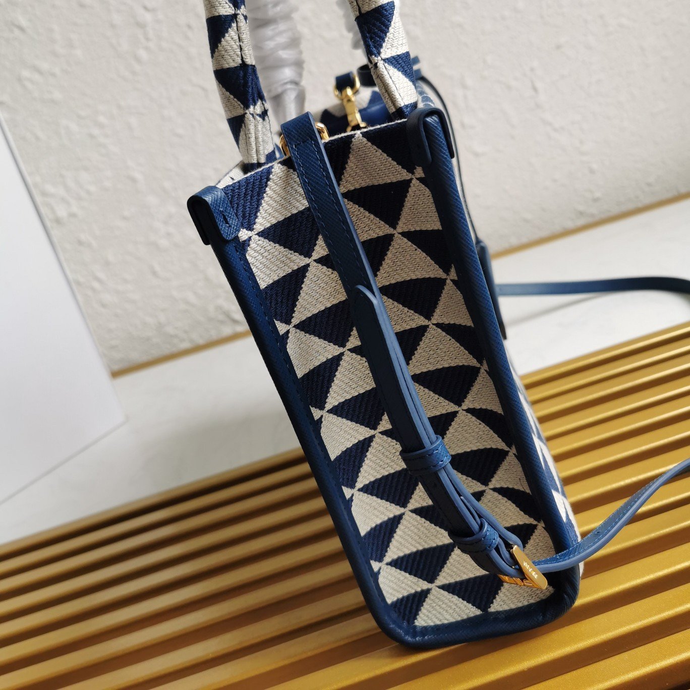 Prada Symbole Small Bag In White/Blue Jjacquard Fabric