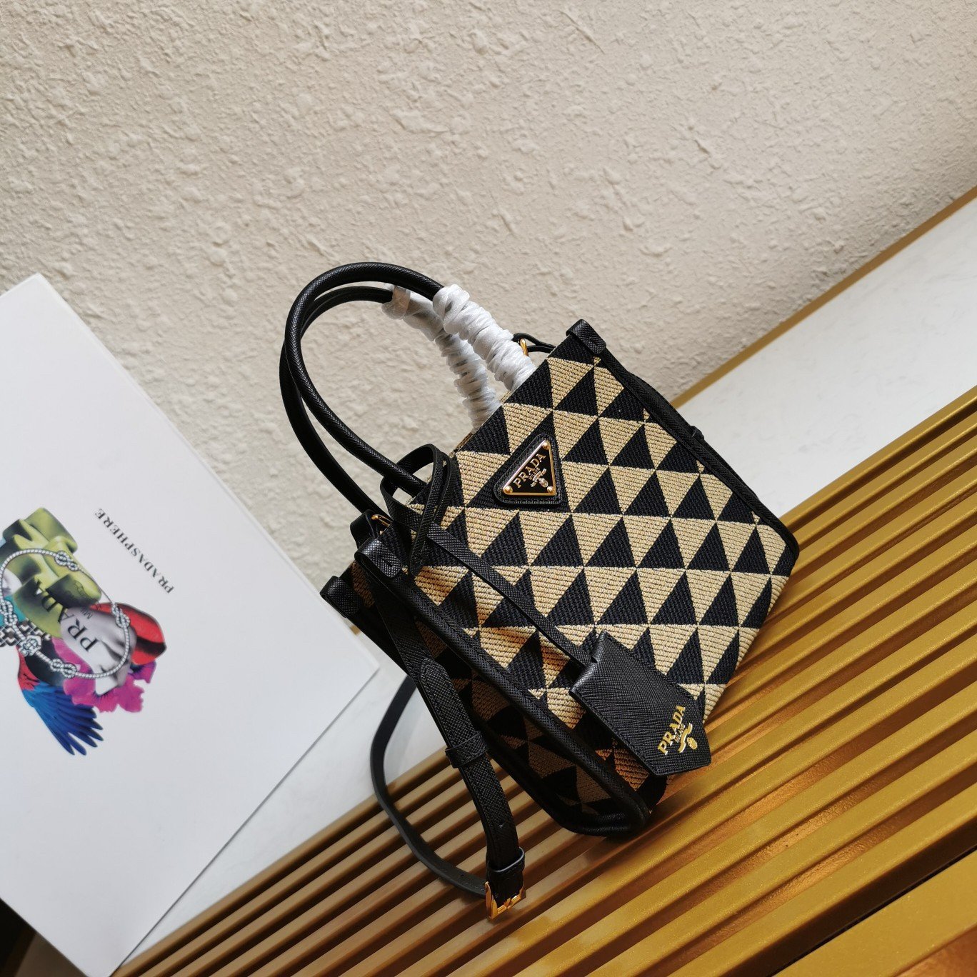 Prada Symbole Micro Bag In Black/Beige Jjacquard Fabric